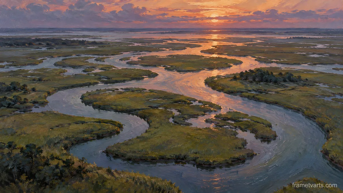 Salt marsh channels seen from above – atmospheric oil painting Samsung Frame TV art, 4K