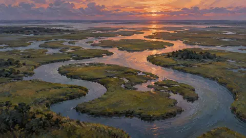 Salt marsh channels seen from above – atmospheric oil painting Frame TV art