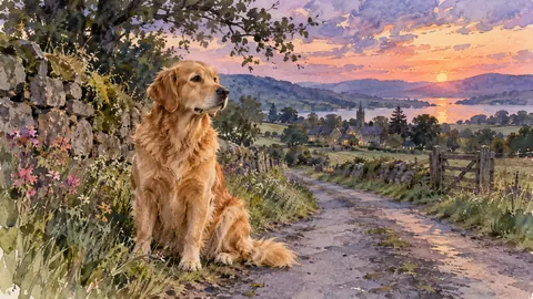 Golden dog beside a quiet country lane – loose watercolor Frame TV art