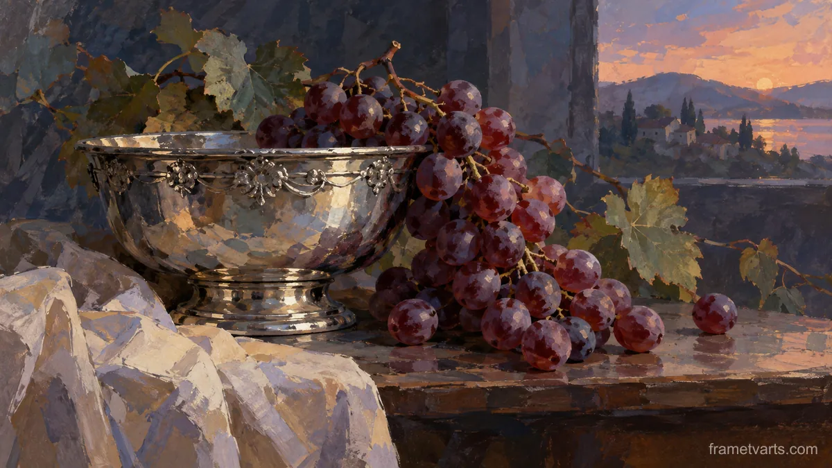 Grapes beside an antique silver bowl – modern gouache still life Samsung Frame TV art, 4K