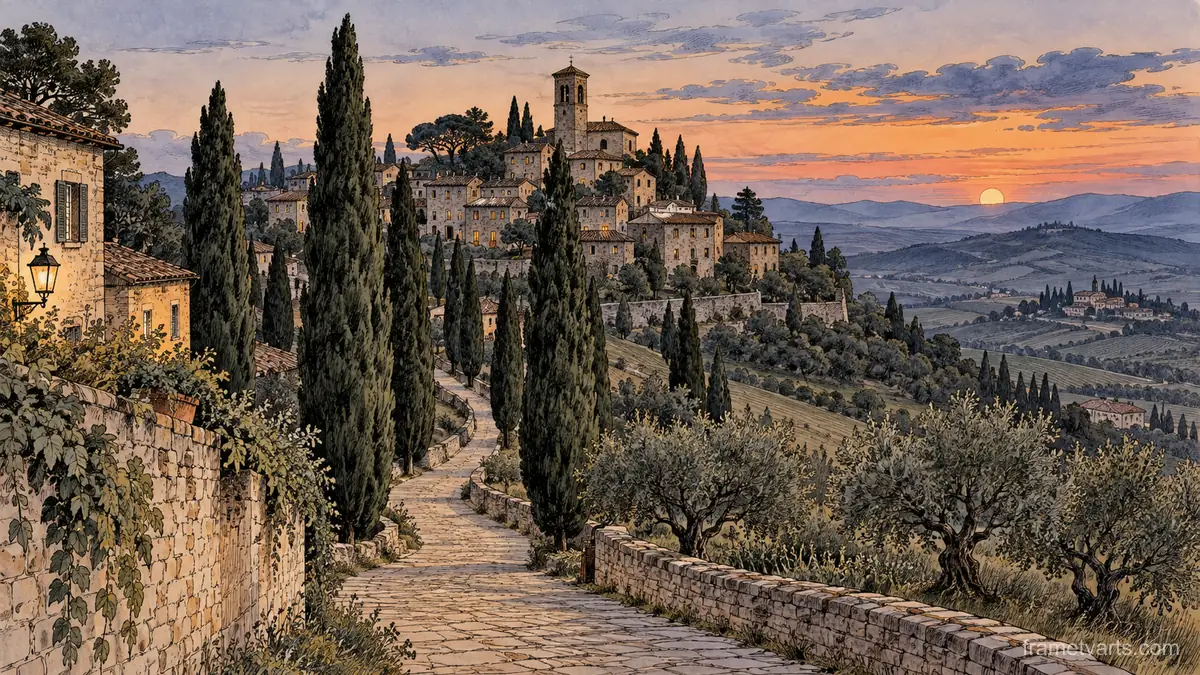 Tuscan-inspired hill village and cypress avenue – architectural ink drawing Samsung Frame TV art, 4K