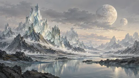 Glasslike mountain peaks below twin moons – surrealist fine-art illustration Frame TV art