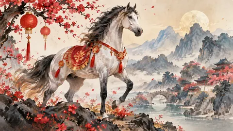 Lunar New Year decorative original zodiac horse – elegant watercolor Frame TV art