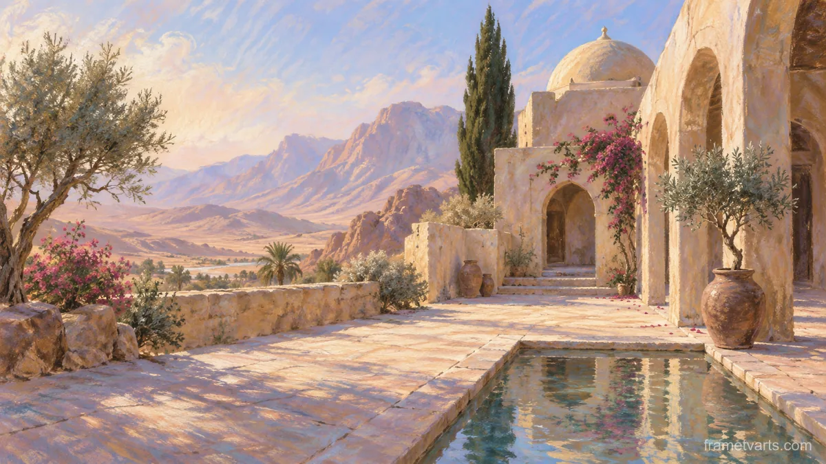 Desert prayer courtyard without people or lettering – soft pastel landscape Samsung Frame TV art, 4K