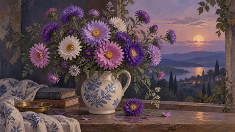 Birth-flower-inspired bouquet of asters – decorative gouache keepsake composition Frame TV art