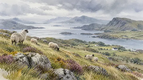 Sheep on a windswept hillside – loose watercolor Frame TV art