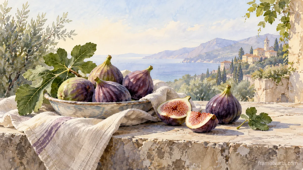 Figs and a linen napkin on a stone table – watercolor still life Samsung Frame TV art, 4K