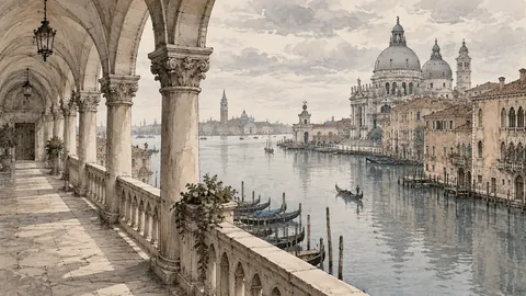 Venetian-inspired arcade beside still water – architectural ink drawing Frame TV art
