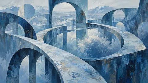 Interlocking offset arches and circles – cool blue lyrical abstraction Frame TV art
