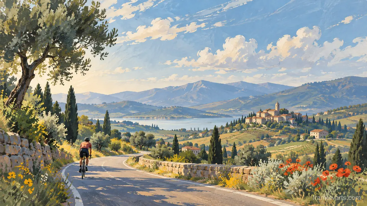 Cyclist on a winding country road – vintage-style gouache illustration Samsung Frame TV art, 4K