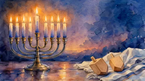 Hanukkah nine-branched hanukkiah with eight candle positions plus a distinct shamash – elegant watercolor Frame TV art