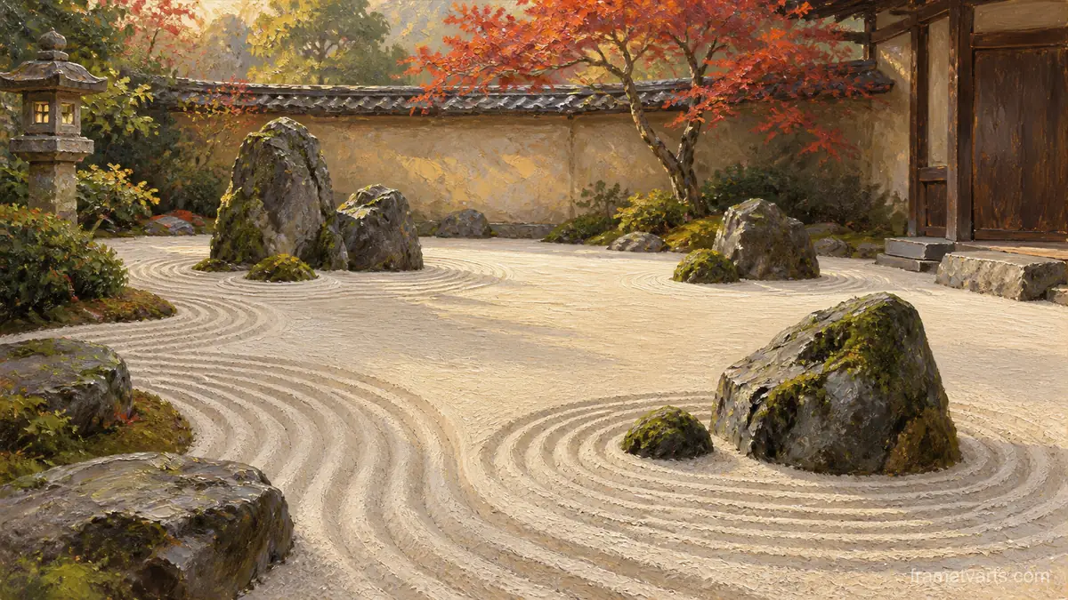 Quiet zen rock garden with carefully raked sand – luminous contemplative oil Samsung Frame TV art, 4K