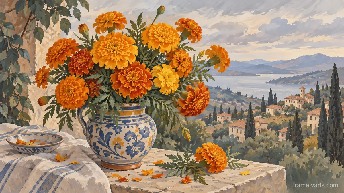 Birth-flower-inspired bouquet of marigolds – decorative gouache keepsake composition Samsung Frame TV art, 4K