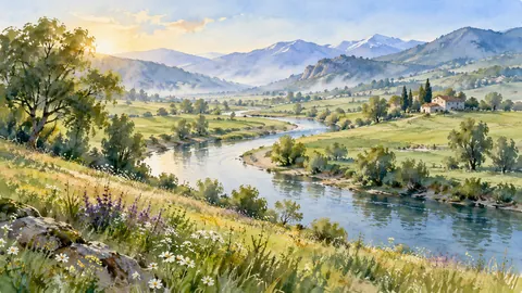 Meandering river through spring pasture – loose watercolor Frame TV art