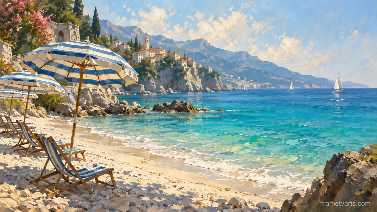Empty striped beach umbrellas beside turquoise water – atmospheric oil painting Samsung Frame TV art, 4K