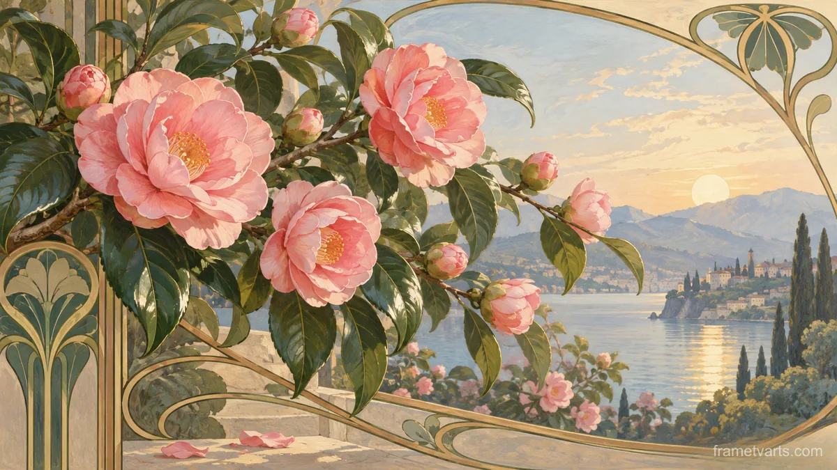 Pink camellias above glossy leaves – decorative art nouveau painting Samsung Frame TV art, 4K