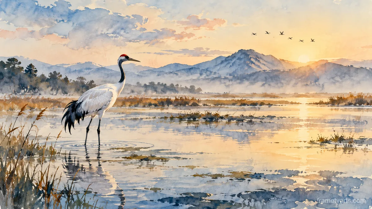 Crane standing in shallow water – loose watercolor Samsung Frame TV art, 4K