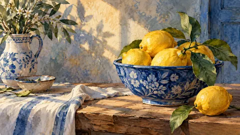 Lemons in a blue ceramic bowl – watercolor still life Frame TV art