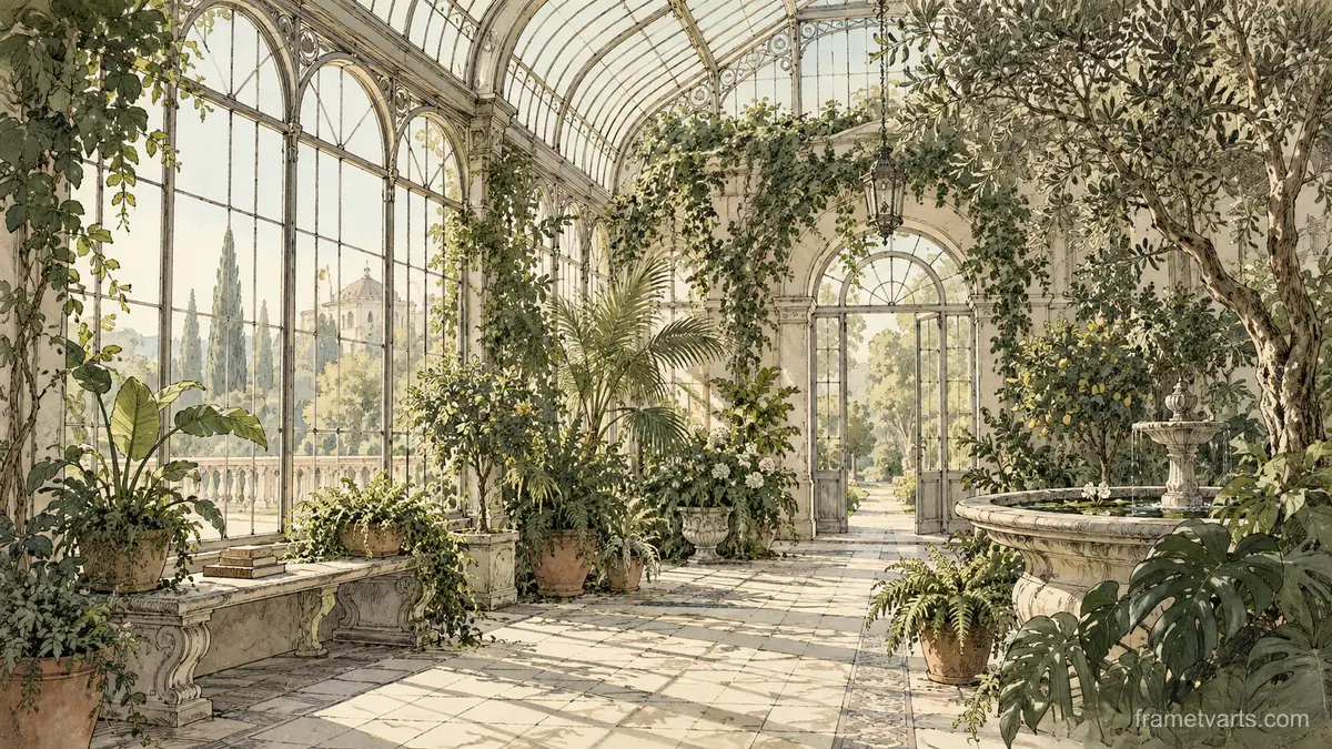 Old conservatory filled with green plants – architectural ink drawing Samsung Frame TV art, 4K