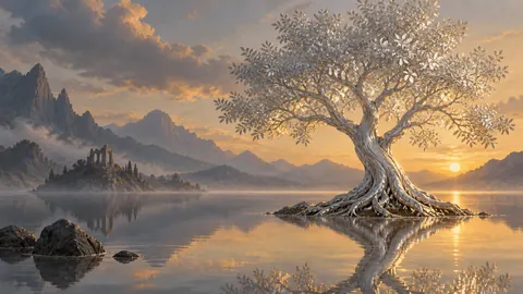 Silver tree growing from a still lake – surrealist fine-art illustration Frame TV art