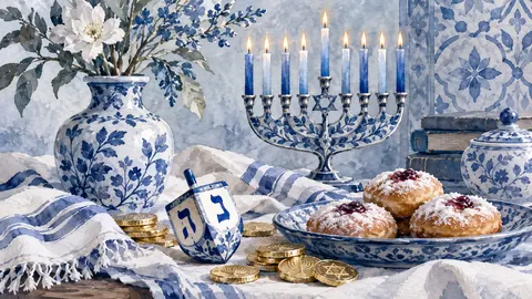 Hanukkah blue-and-white still life with dreidel – elegant watercolor Frame TV art