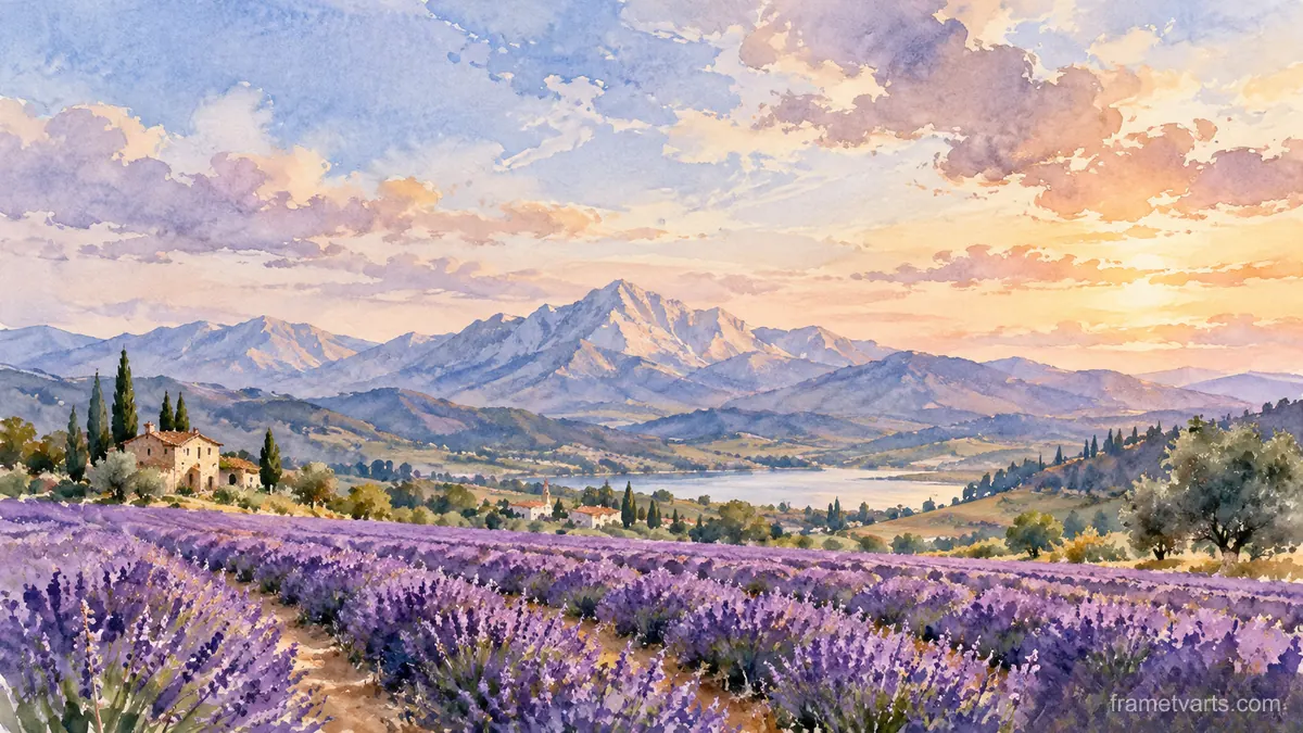 Lavender field beside distant mountains – loose watercolor Samsung Frame TV art, 4K