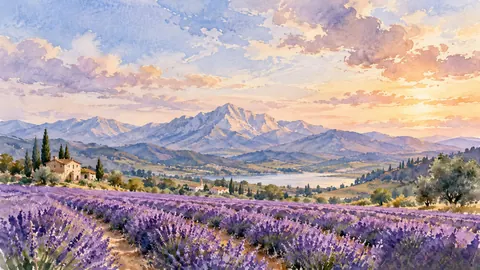Lavender field beside distant mountains – loose watercolor Frame TV art