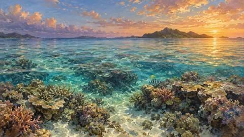 Coral reef viewed through clear shallows – atmospheric oil painting Frame TV art