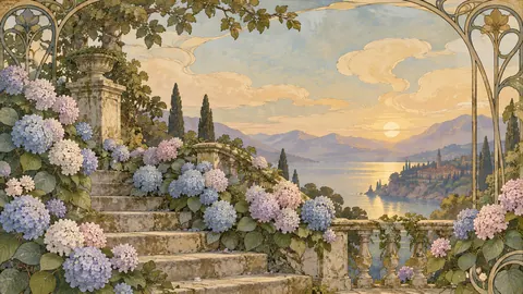 Hydrangeas spilling over weathered garden steps – decorative art nouveau painting Frame TV art