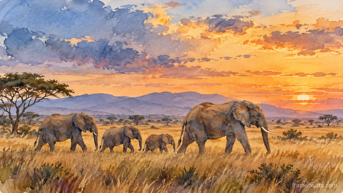 Elephant family crossing open grassland – loose watercolor Samsung Frame TV art, 4K