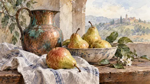 Pears beside a weathered copper jug – watercolor still life Frame TV art