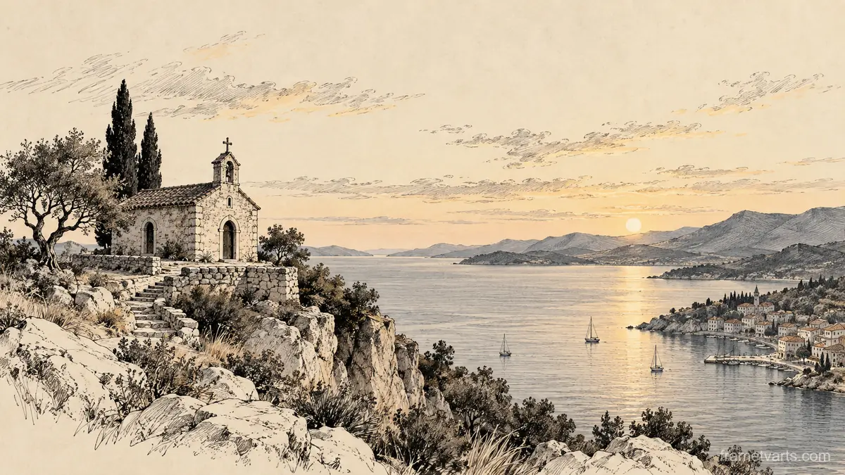 Small coastal chapel above a bay – architectural ink drawing Samsung Frame TV art, 4K