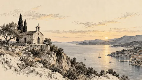 Small coastal chapel above a bay – architectural ink drawing Frame TV art