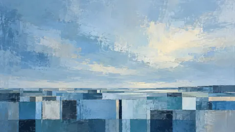 Interrupted grid of squares and narrow rectangles – cool blue lyrical abstraction Frame TV art