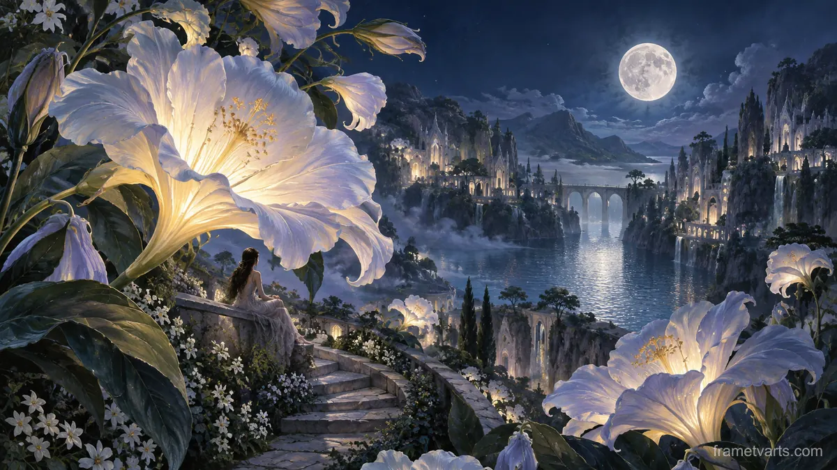 Garden of oversized delicate night flowers – surrealist fine-art illustration Samsung Frame TV art, 4K
