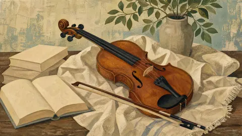 Violin and bow on folded linen – vintage-style gouache illustration Frame TV art
