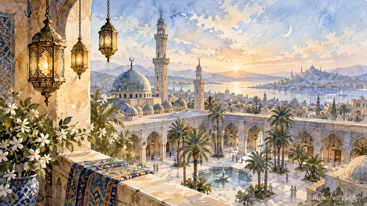 Ramadan lanterns and a crescent above a courtyard – elegant watercolor Samsung Frame TV art, 4K