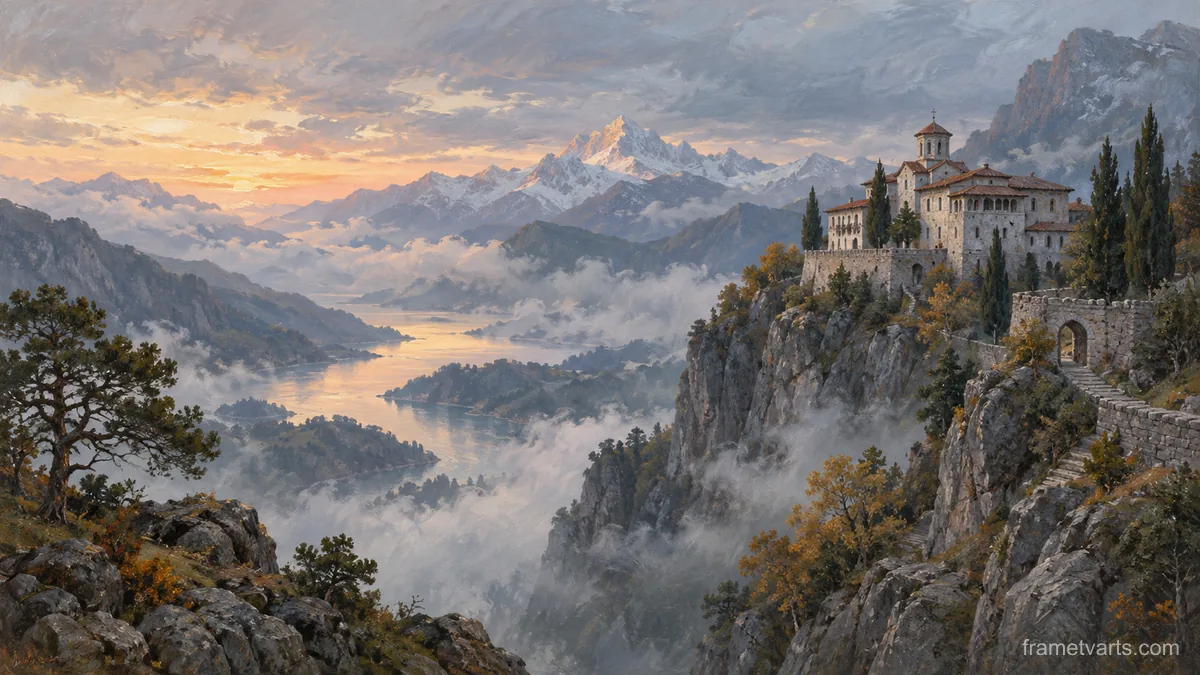 Mountain monastery at dawn – luminous contemplative oil Samsung Frame TV art, 4K