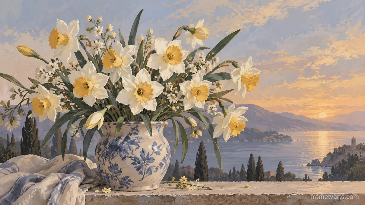 Birth-flower-inspired bouquet of narcissus – decorative gouache keepsake composition Samsung Frame TV art, 4K