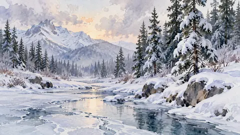 Snow-laden pine forest beside frozen creek – loose watercolor Frame TV art