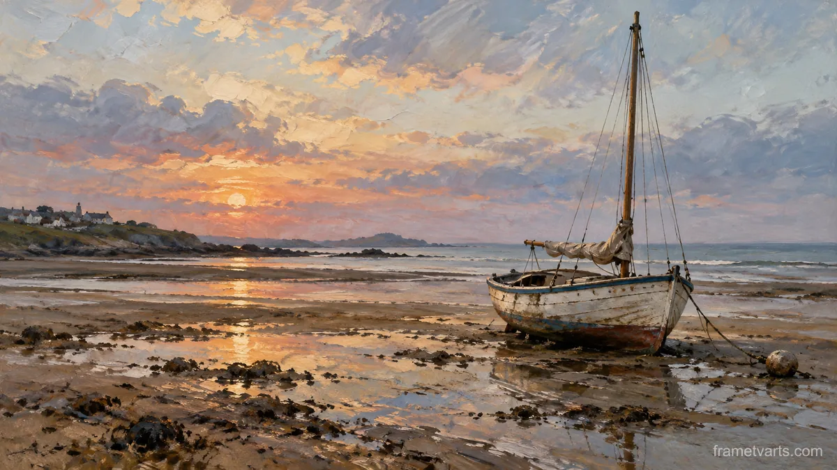 Sailing dinghy resting on tidal sand – atmospheric oil painting Samsung Frame TV art, 4K