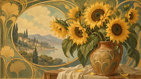 Golden sunflowers in an earthenware jug – decorative art nouveau painting Frame TV art