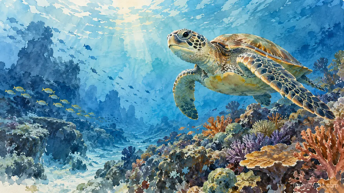 Sea turtle gliding above coral – loose watercolor Samsung Frame TV art, 4K
