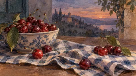 Cherries on a folded checked cloth – watercolor still life Frame TV art