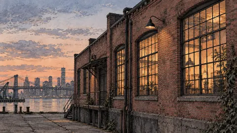 Brick warehouse windows in evening light – architectural ink drawing Frame TV art