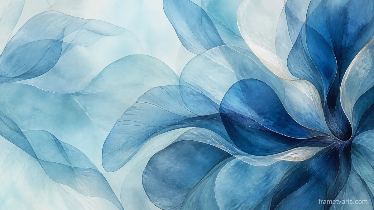 Overlapping translucent petal shapes – cool blue lyrical abstraction Samsung Frame TV art, 4K