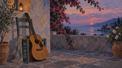 Acoustic guitar leaning against a plain chair – vintage-style gouache illustration Frame TV art