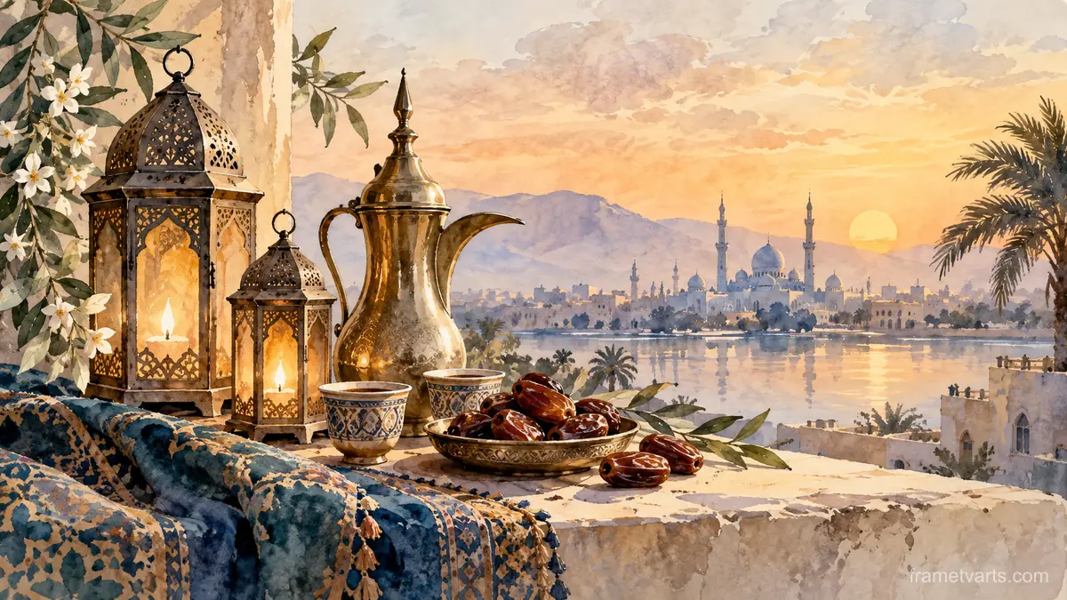 Eid dates and coffee beside decorative lanterns – elegant watercolor Samsung Frame TV art, 4K