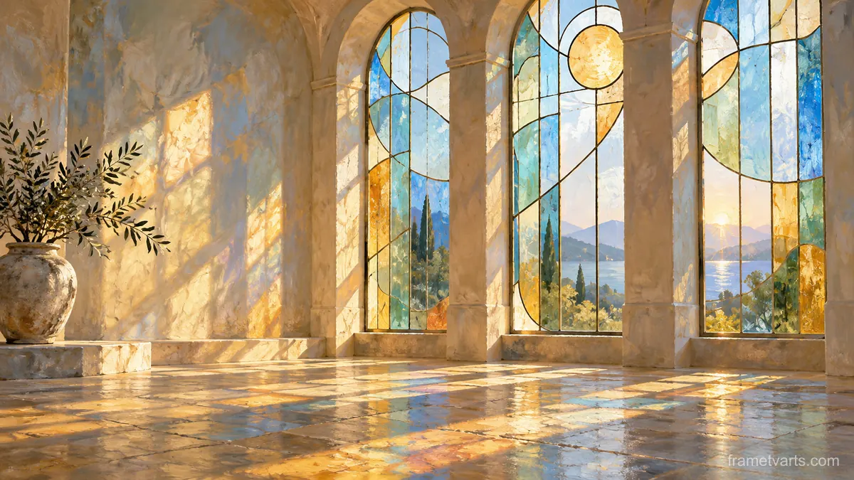 Sunlight through simple stained glass without figures – luminous contemplative oil Samsung Frame TV art, 4K