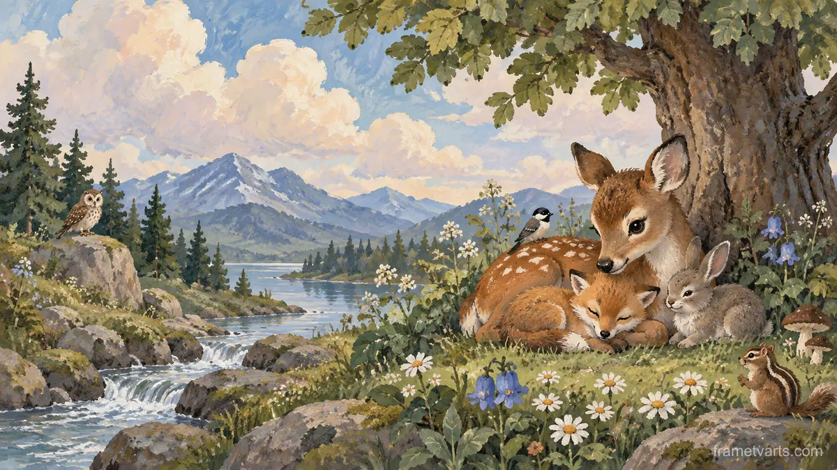 Gentle woodland animals beneath clouds for a nursery – decorative gouache keepsake composition Samsung Frame TV art, 4K
